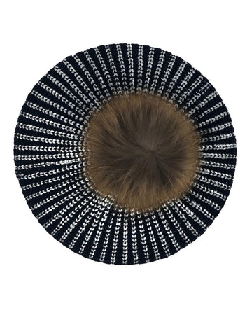 Revaz SSB23H/Q Navy Silver Metallic Knit Snood with Pom Pom myselflingerie.com